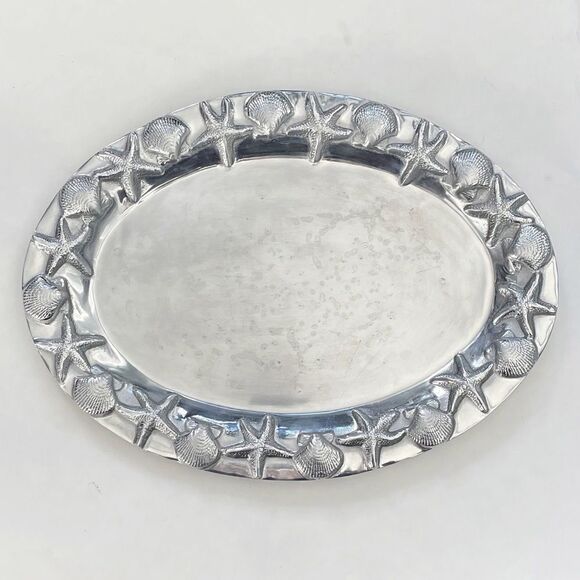 Mariposa Starfish and Scallop Shell Silver Oval Platter 17” x 12” - Picture 1 of 8